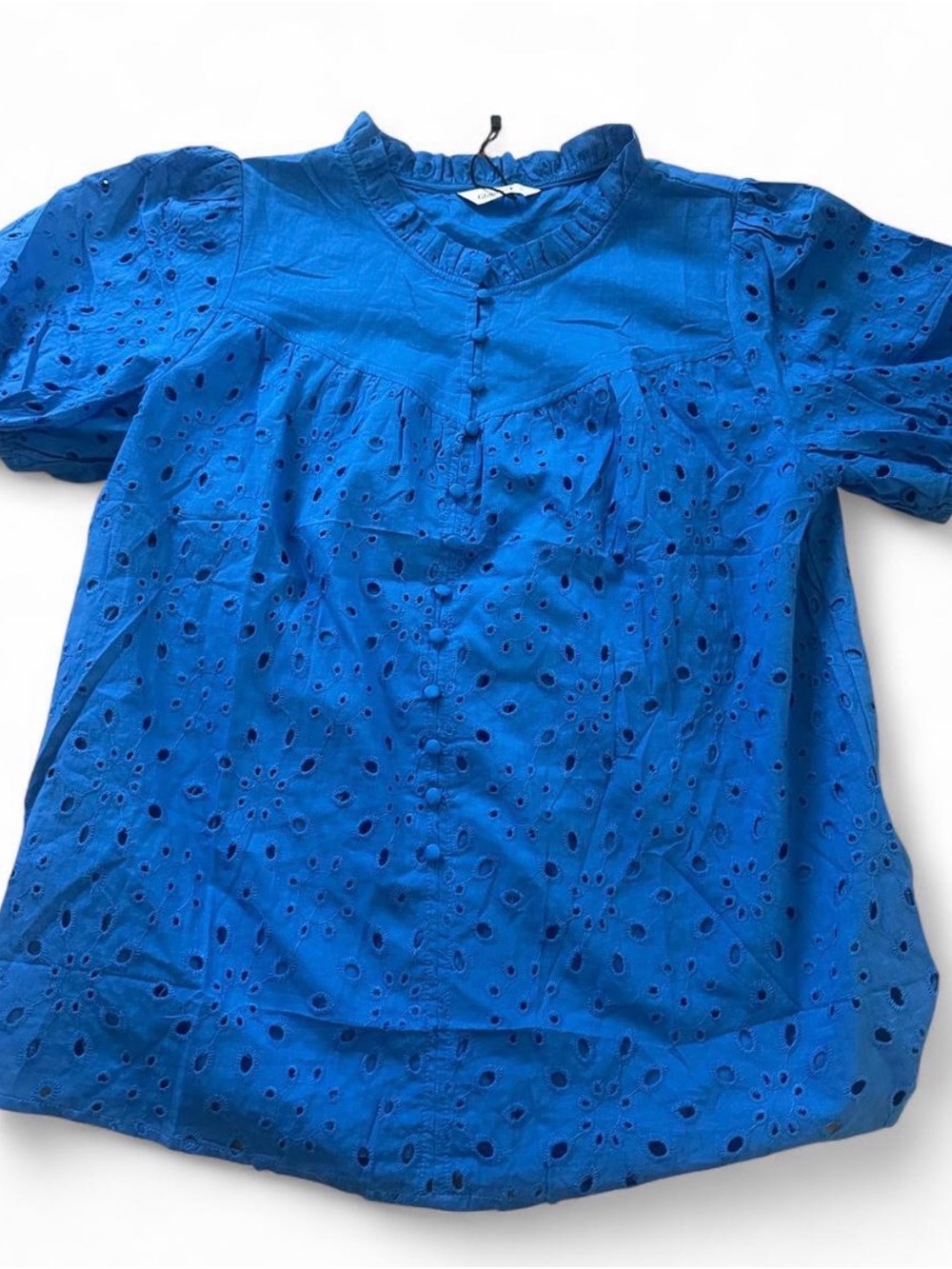 Bright Blue Eyelet Short-Sleeve Blouse with Ruffled Neck